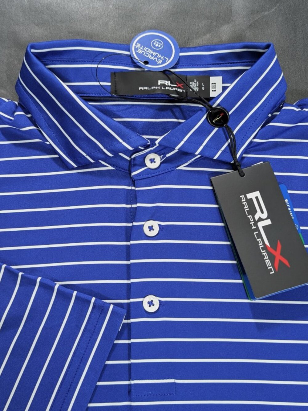 RLX Ralph Lauren Men`s Golf Polo Shirt Size L Blue Striped Wicking Perofmance